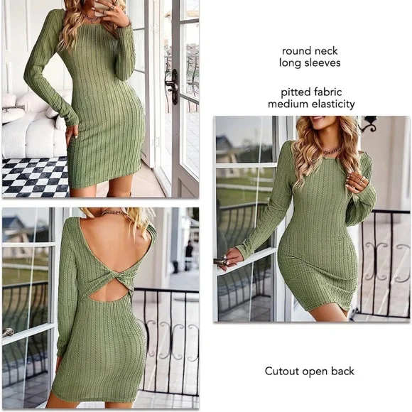 HALARA Green Backless Bodycon Ribbed women’s Long Sleeve Mini Dress Small Knit - Picture 7 of 8